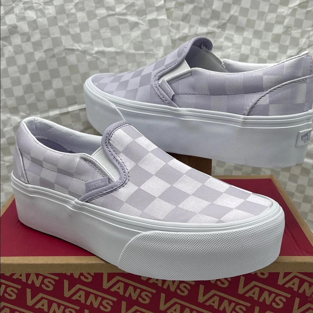 Vans Platform Sneakers Classic Slip-On Stackform Satin Checkerboard Lilac